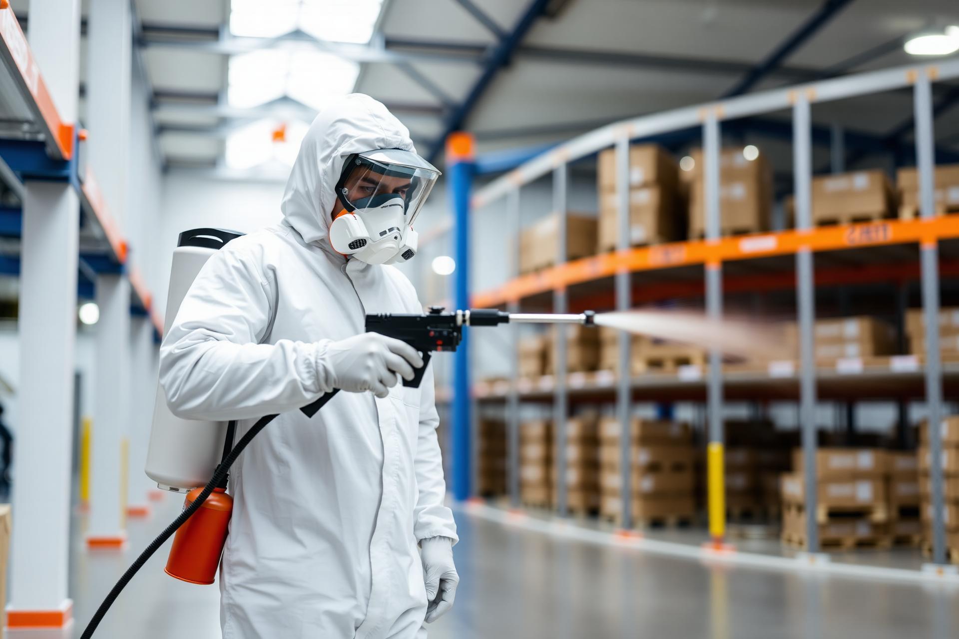 Técnico realizando dedetização em galpão industrial